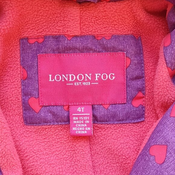 Girls 4T London Fog Hooded Jacket Coat Fleece Lined Pockets Purple & Pink Hearts - Picture 7 of 10